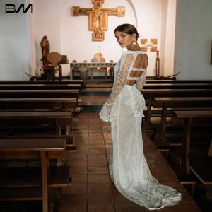 반짝 이는 진주 스트레이트 웨딩 드레스 우아한 섹시한 버튼 뒤로 큰 날 여성 착용 맞춤형 고급스러운 교회 신부 가운