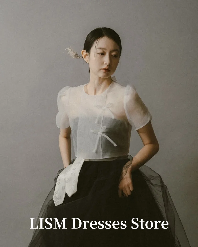 LISM 빈티지 A 라인 한국 웨딩 드레스 사진 촬영 소프트 튤 오 넥 바닥 길이 이브닝 가운웨딩드레스맞춤형 코르셋
