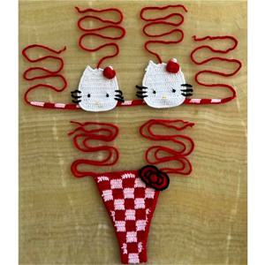 귀여운 헬로키티 여성용 섹시 수영복 크로셰 비키니 세트 산리오 2피스 여성 수영복 마이크로 비키니 끈 비키니 해변 수영복