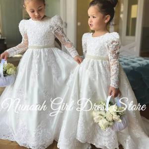 2025 웨딩 레이스 appiques에 대 한 새로운 흰색 꽃의 소녀 드레스 바닥 길이 여자 생일 파티 친교 파티 가운 사용자 지정