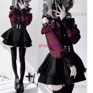 Jirai kei 복장 로리타 걸스 셔츠 스커트 세트 여성 카와이 보우 긴 소매 Y2K 캐주얼 미적 셔츠 일본식 여성