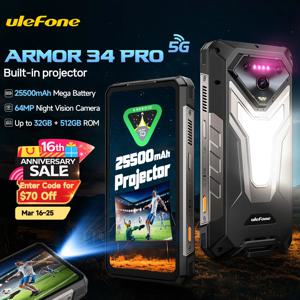 【세계 최초 공개】Ulefone Armor 34 Pro 5G AI 러기드 폰 25500mAh 최대 32GB+512GB 내장 프로젝터 120Hz 6.95인치 NFC 스마트폰 LED 조명 IP69K 64MP 나이트 비전 휴대폰