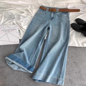 패션 블루 마이크로 플레어 청바지 한국 복고풍 여성의 높은 허리 느슨한 데님 바지 봄 가을 슬림 와이드 레그 바지