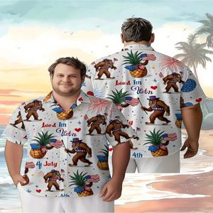 남성용 플러스 사이즈 하와이안 셔츠애국적인 사스콰치 펀패턴, 패셔너블한 알로하 셔츠, 여름 캐주얼 탑, 3D 남녀공용 의류