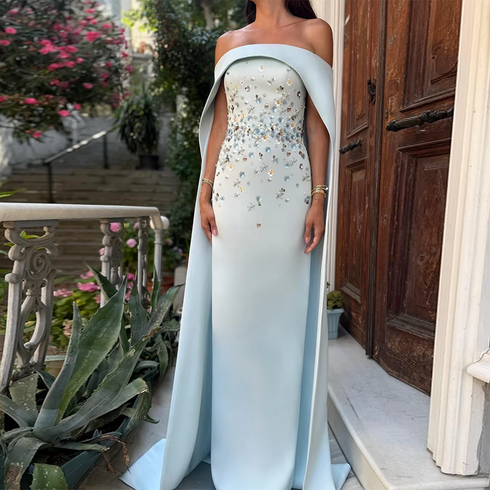 럭셔리한 베이비 블루 오프숄더 케이프 컬럼 이브닝 드레스, 여성용 스팽글 비딩 우아한 정장 드레스