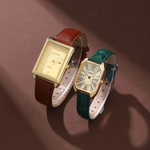 2개/세트 사각 커플 시계, PU 가죽 스트랩, 쿼츠 무브먼트 |   남성 또는 여성을 위한 선물 |   발렌타인 데이 선물
