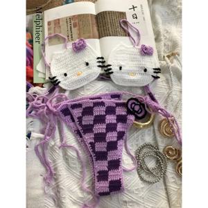 산리오 크로셰 비키니 세트 귀여운 소녀 수영복 헬로 키티 섹시한 수영복 마이크로 타이 비키니 비치웨어 여성 수영복