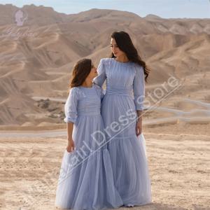 우아함 웨딩 라이트 블루 꽃의 소녀 드레스 오 넥 Tulle Appliques 공식 행사 전체 Sleevess 공주 파티 드레스