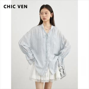 CHIC VEN 여성 셔츠 싱글 브레스티드 V넥 루즈 캐주얼 롱 슬리브 신상 스탠드 칼라 코트 여성 블라우스 봄 가을 2025