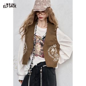 엘프삭 2025 가을 신상 보헤미안 캐주얼 펠트 베스트 숏 자수 디자인 민소매 여성 자켓