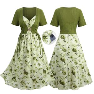 로즈갈 플러스 사이즈 여성 플로럴 선드레스 세트 레이스업 골지 크롭탑과 러플 플로럴 리프 프린트 트위스트 캐미 드레스 신상품