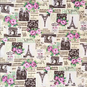 100% 천연 코튼 린넨 원단 90x145cm 에펠 탑 만화 인쇄 직물, 가구 커버, DIY 스커트 의류, 홈 데코용