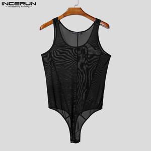 인세룬 남성 바디수트 솔리드 컬러 메쉬 시스루 O넥 민소매 남성 롬퍼 섹시 2025 플레이수트 패션 코지 바디수트 남성