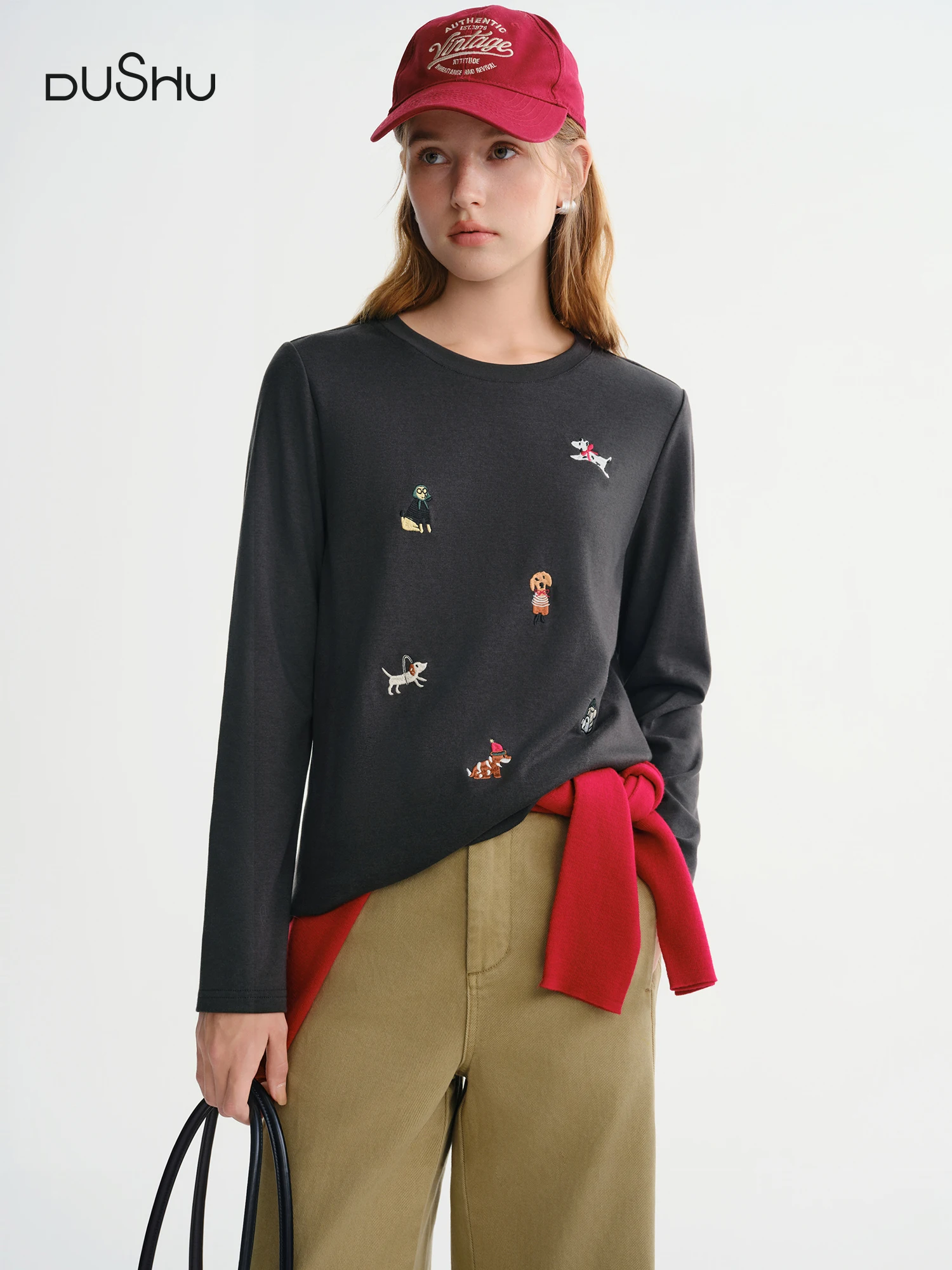 DUSHU 강아지 재미있는 자수 얇은 플리스 긴팔 티셔츠 여성용 가을 겨울 이너웨어 상의 달콤한 캐주얼