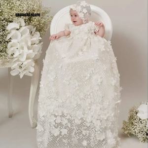 럭셔리 레이스 아기 세례식 가운 아플리케 3D 플로럴 소녀 세례 맞춤형 신생아 유아 생일 첫 성찬식 드레스