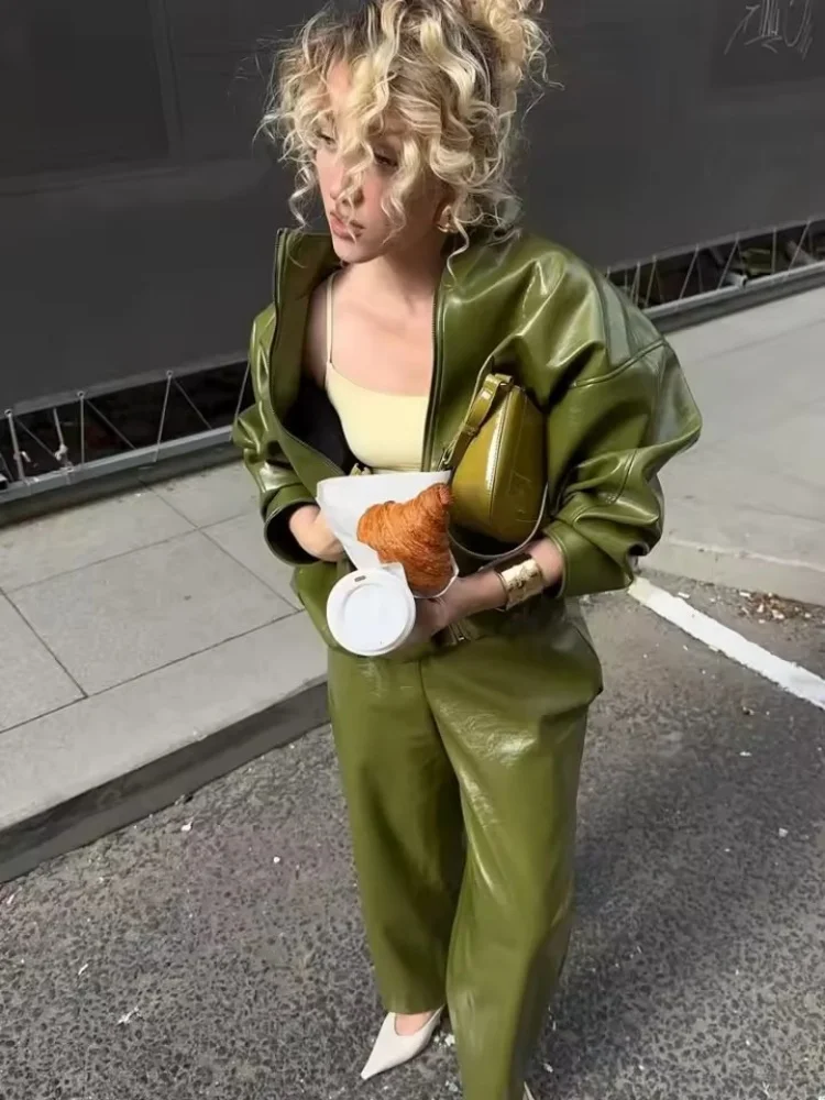 시크한 올리브 그린 솔리드 가죽 재킷 여성용 스탠드 칼라 지퍼 클로저 롱 루즈 아우터웨어 가을 출퇴근 여성 상의 스트리트