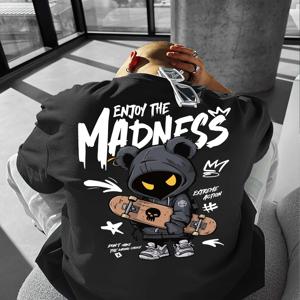 인기 폭발! 남성용 만화 캐릭터 프린트 편안하고 통기성 좋은 라운드넥 티셔츠, 아웃도어 스트릿 스타일 상의