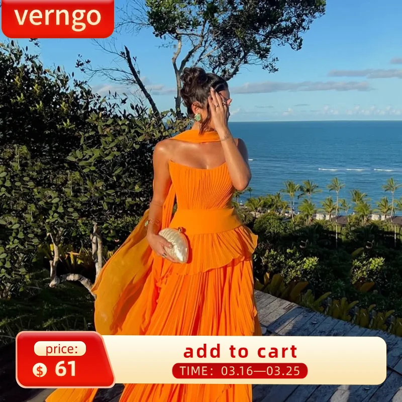 Verngo 오렌지 쉬폰 이브닝 드레스 플리츠 스카프 롱 파티 가운 여성 우아한 게스트 웨딩 파티 드레스 vestido 맞춤형