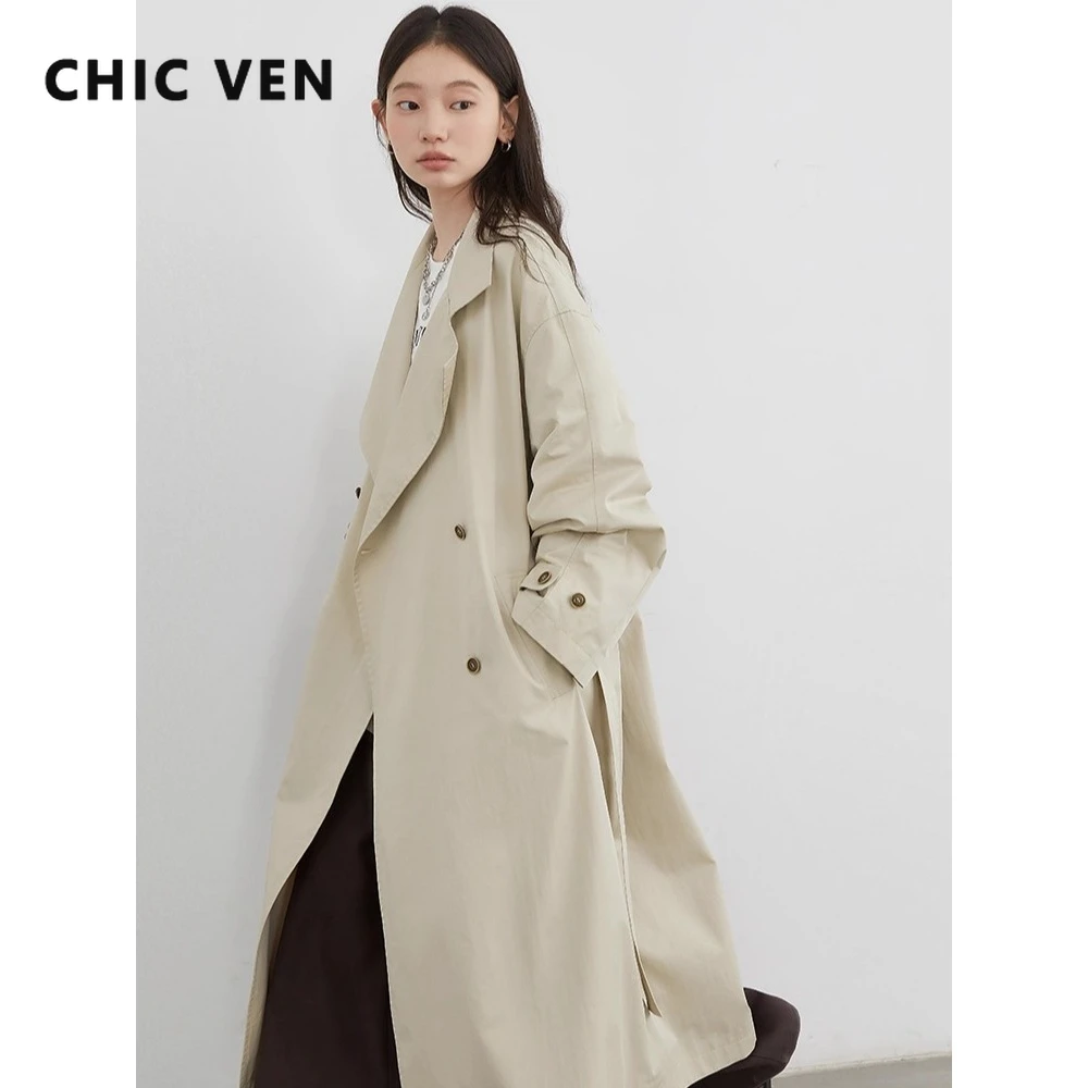 CHIC VEN 패션 여성 롱 트렌치코트 솔리드 벨트 루즈 캐주얼 윈드브레이커 더블 브레스티드 여성 오버코트 봄 가을 2025