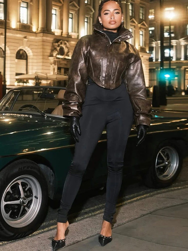 Kliou 하이 스트리트 PU 재킷 여자 Zip 버튼 터틀넥 풀 슬리브 배꼽 노출 핫 걸스 오토바이 스타일 클래식 의류