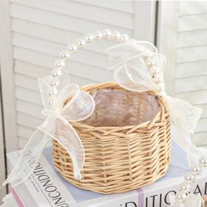 수제 수납 선반 꽃 바구니 라탄 수납 바구니 진주 장식 꽃 소녀 손바구니 가정 및 웨딩 장식용