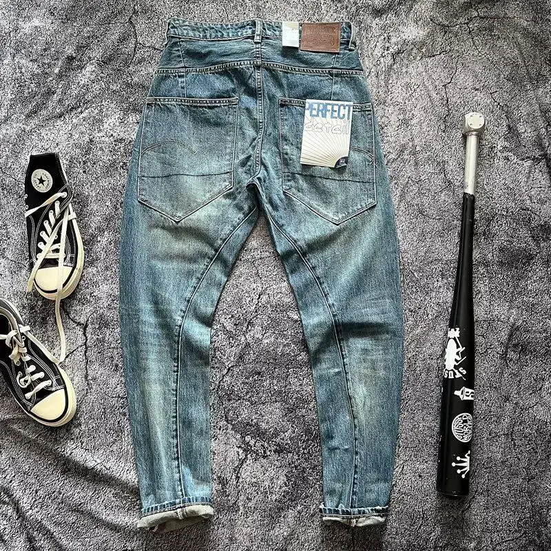 헤비웨이트 3D 테일러드 할란 라지 포켓 나이프 데님 진 아메리칸 레트로 워싱 루즈 콘리컬 슬림핏 팬츠 남성 패션