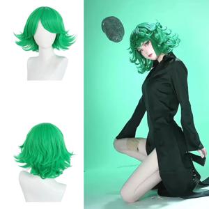 원펀맨 애니메이션 ‌ ‌   타츠마키 코스프레 합성 머리카락 12인치 녹색 푹신한 짧은 곱슬 일상 파티 가발 천연 내열성