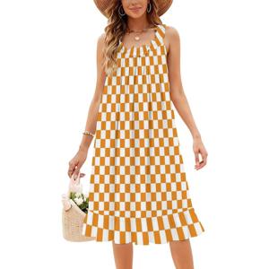 주황색과 흰색의 사각형 체크무늬. 체스판. 여성을 위한 섹시한 휴가 드레스 해변 파티 생일 미니 드레스 오렌지 및