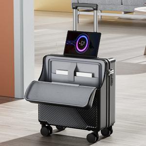 18인치 전면 개폐형 여행용 캐리어 트롤리 가방 비밀번호 잠금 캐빈 탑승용 캐리어 USB 충전 포트 컵 홀더 포함