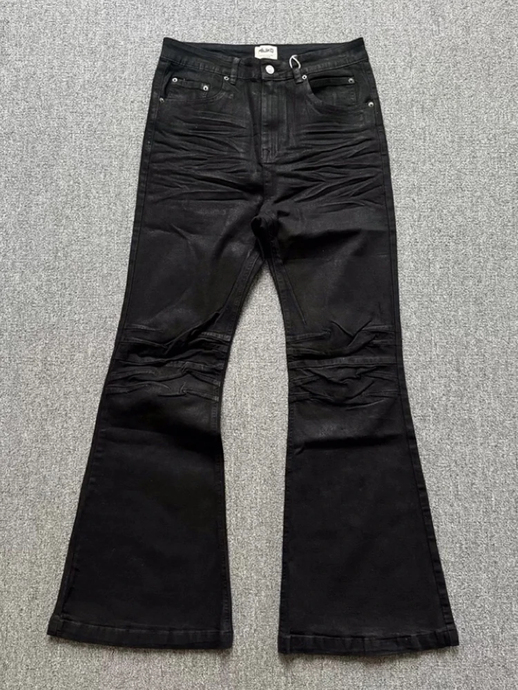 레트로 다크 아메리칸 하이 스트리트 핸드메이드 브러쉬 왁스 코팅 워싱 플로어 마이크로 플레어 진 남성 트렌디 미드 웨이스트 루즈핏 청바지