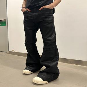 미국 하이 스트리트 스타일 핸드 브러쉬드 왁스 블랙 젤 코팅 엘라스틱 부츠컷 진 드래깅 팬츠 캐주얼 롱 트라우저 (남성용)