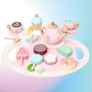 유아용 나무 티파티 장난감 - 시뮬레이션 식기 및 디저트, 부모-자녀 역할놀이, 어린이를 위한 장난감 및 선물