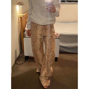 Y2K 아메리칸 레트로 사슴 무늬 스팟 프린트 커브드 나이프 진 여성 스트리트 패션 루즈 와이드 레그 팬츠