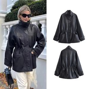 여성용 블랙 조절 가능한 허리 가죽 재킷 봄 가을 여성 캐주얼 하이넥 가죽 코트 포켓 포함 여성 시크 탑
