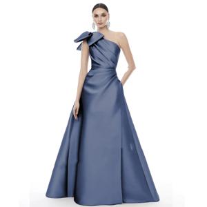 딥 블루 새틴 롱 슬리브리스 드레스, 생일 파티 공연 웨딩 가운, 미드 웨이스트, 중국 생산, 보타이 포함