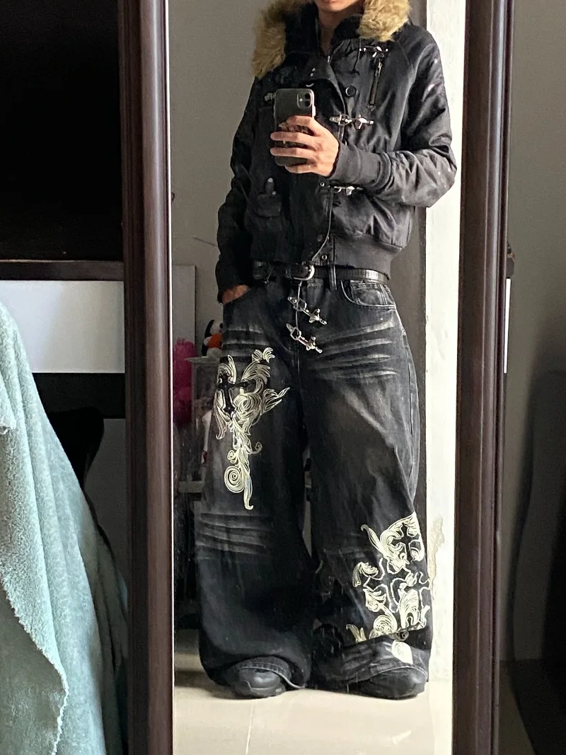 미국 신상 패션 오버사이즈 프린트 블랙 올드 배기 진 여성 Y2K 하라주쿠 힙합 인기 캐주얼 조커 와이드 레그 팬츠