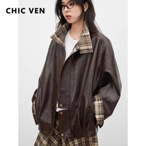 CHIC VEN 여성 PU 자켓 루즈핏 캐주얼 패치워크 플래드 여성용 광택 인조 가죽 코트 오토바이 아우터웨어 봄 가을 2026
