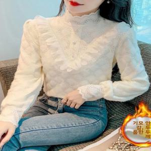 두꺼운 하이 칼라 긴팔 레이스 베이스 포켓 손수건 패셔너블한 가을 겨울 폴로 셔츠 우아한 고급 탑