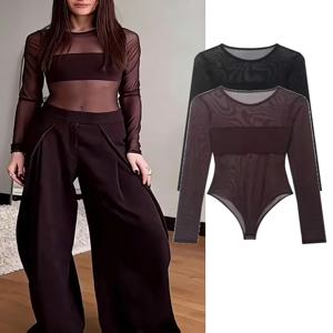 여성 섹시 메쉬 시스루 바디수트 여성 긴팔 시어 바디수트 O넥 바디콘 점프수트 여성 롬퍼
