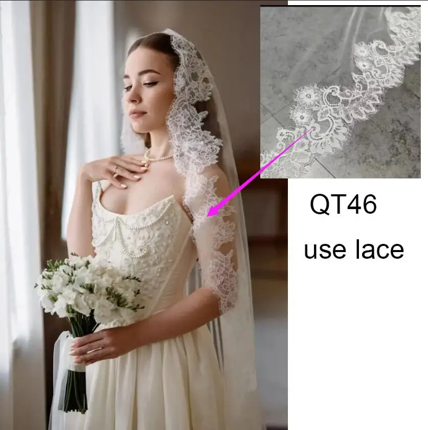 만틸라 베일, 전체 가장자리에 레이스, 숨겨진 빗, 폭=1.5미터, QT46-1T150CM