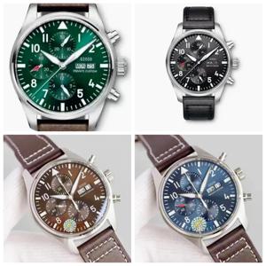 럭셔리 뉴 남성용 오토매틱 기계식 시계, 빅 브라운 블랙 가죽 파일럿 스테인리스 스틸 야광 그린 커피