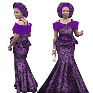 여성용 아프리카 의상, Dashiki Bazin 프린트 스트랩 상의 및 롱 스커트 세트, 아프리카 의상, WY3113