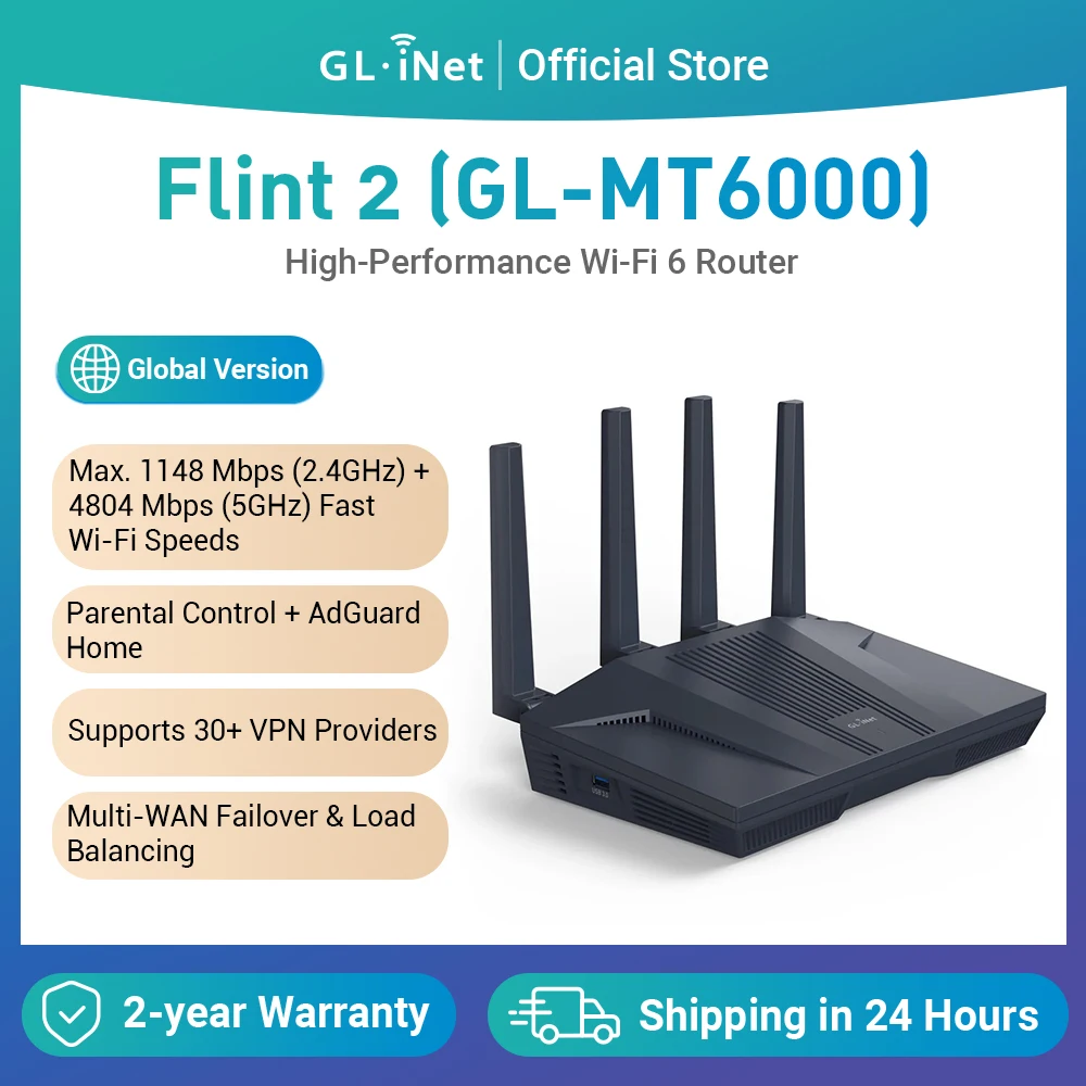 GL.iNet Flint 2(GL-MT6000) 가정 및 사무실 라우터, 8스트림 Wi-Fi 6 기술, OpenWrt, 2.5G 이더넷 포트, 부모 제어