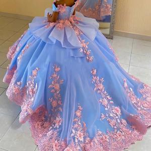꽃의 소녀 드레스 럭셔리 블루 웨딩 아기 공주 공 드레스 레이스 아플리케 오프 어깨 v-목 첫 성찬식 가운