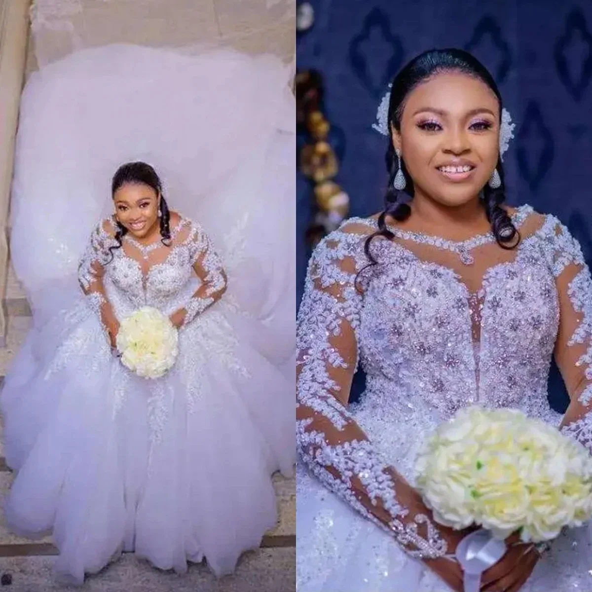 맞춤형 플러스 사이즈 웨딩 드레스, 볼 가운, 2024 크리스탈 구슬 장식 아플리케 드레스, 맞춤형 제작