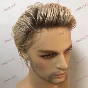 자연스러운 헤어라인, 어두운 뿌리, 옴브레 블론드 남성용 가발, 인모, 풀 브로우프, 얇은 스킨 베이스, 남성용 모발 보철물 헤어피스