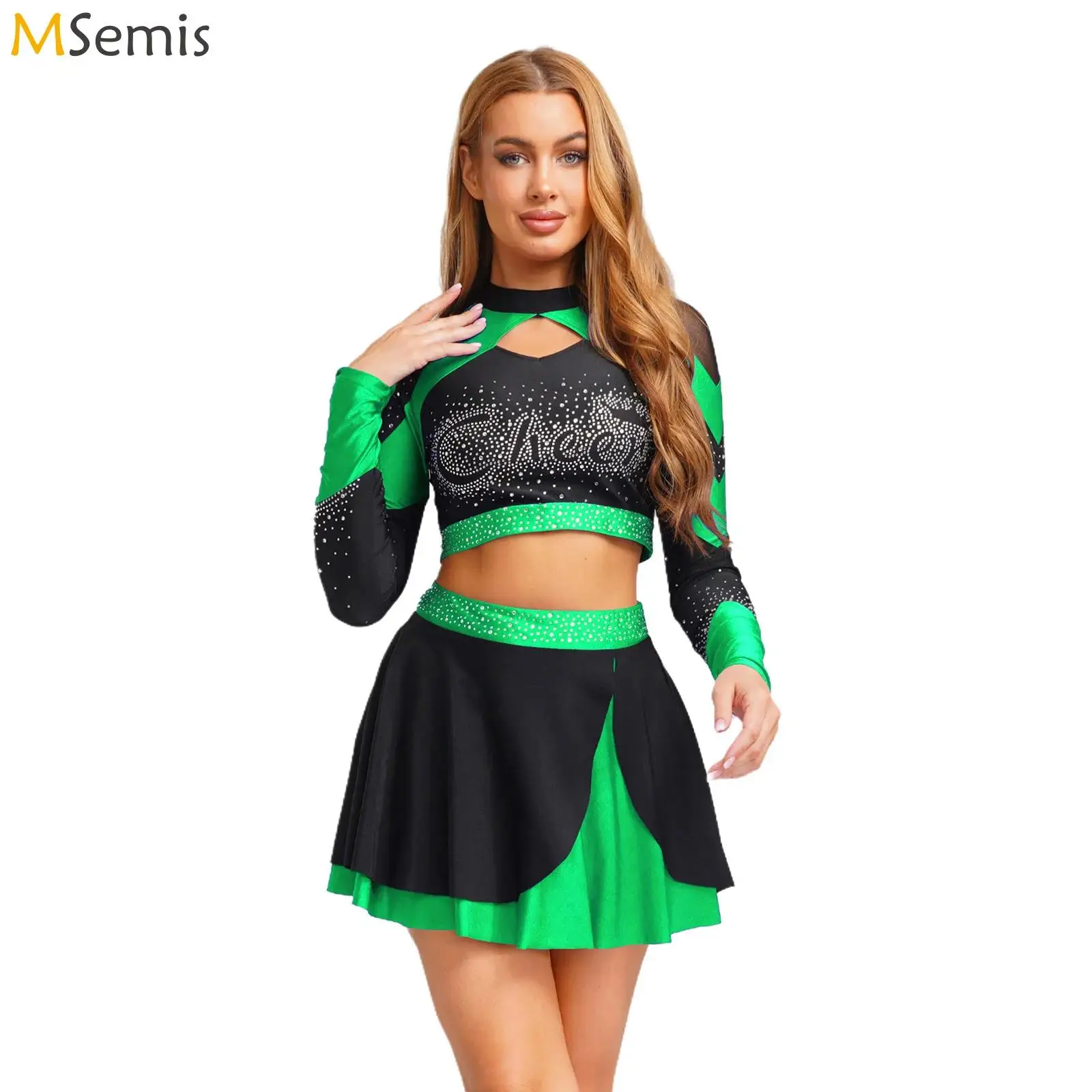 여자 반짝 이는 라인 석 치어 리더 의상 치어 리더 댄스 복장 긴 소매 속이 빈 자르기 탑과 스커트 치어 리더 유니폼