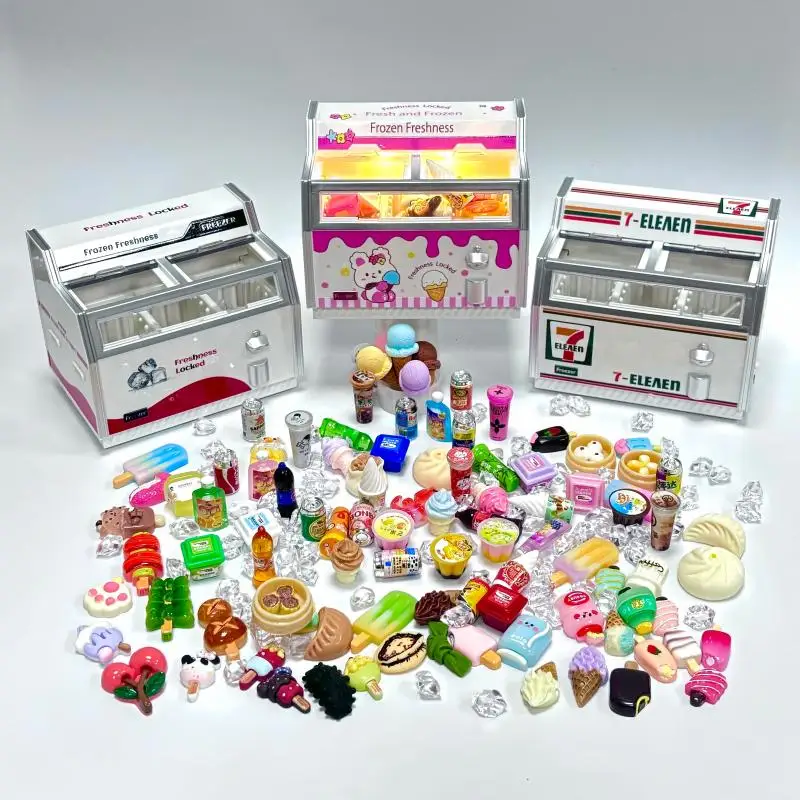 냉장고 수평 냉동고 인형 집 미니 미니어처 놀이 집 아이스크림 캐비닛 장난감 장식품 시뮬레이션