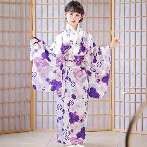 보라색 인쇄 꽃 일본 기모노 가운 키즈 여자 전통 아시아 옷 할로윈 코스프레 의상 어린이 이브닝 드레스