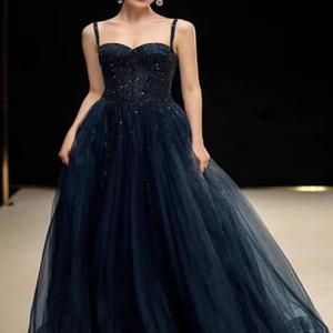 우아한 블루 스트랩리스 이브닝 드레스, 공연 및 파티용, 볼 가운 스타일, 스팽글 디테일, 미디 길이, 폴리에스터 소재